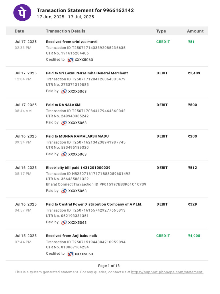 Transaction Statement for July 2025 | PDF | Debit Card | Debits And Credits