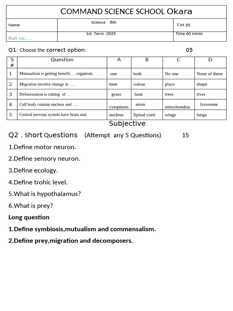 8th Grade Science Exam - Term 1 2025 | PDF