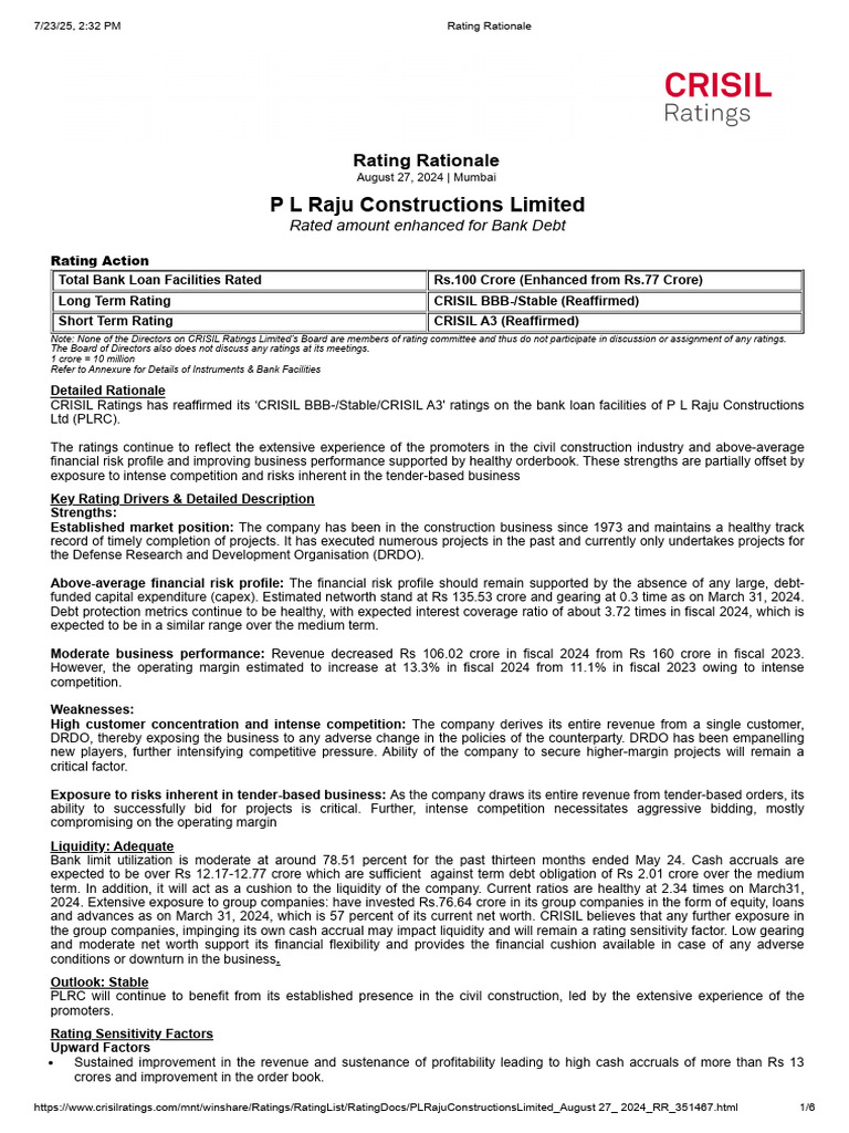 P L Raju Constructions Rating Update | PDF | Securities (Finance) | Damages