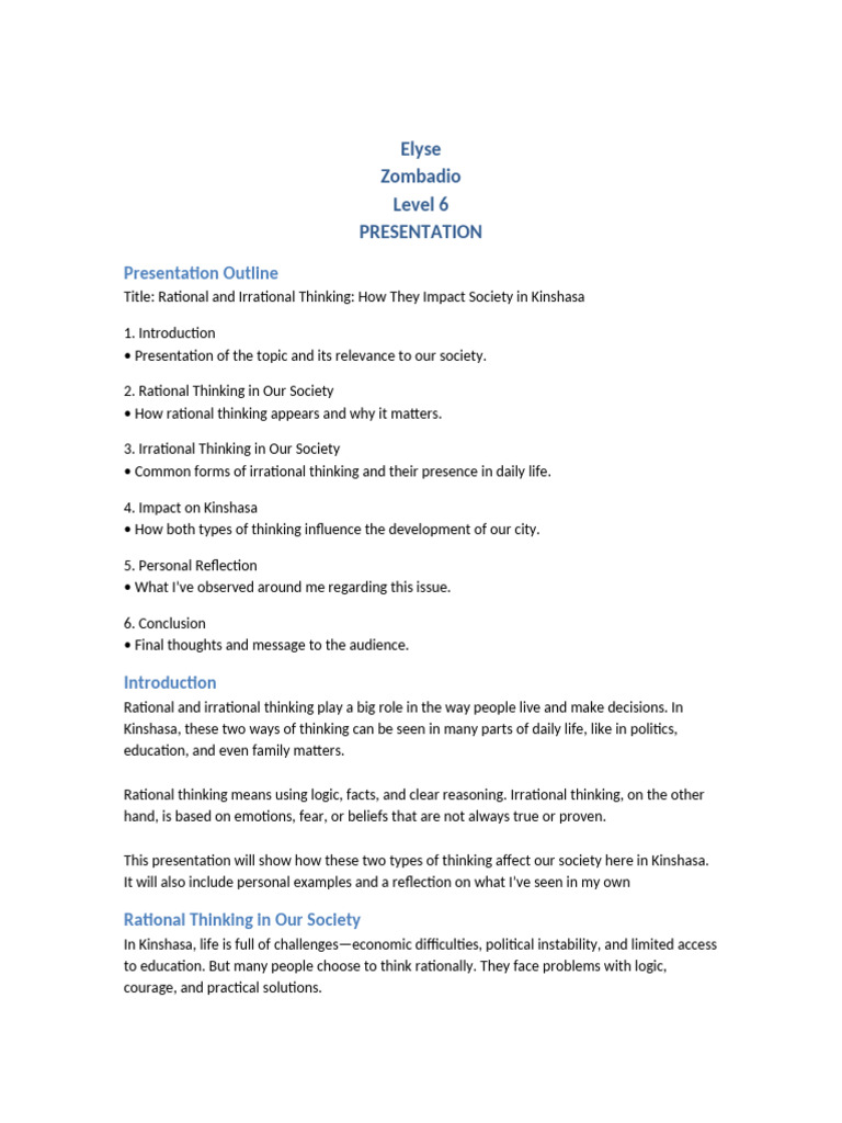 Rational vs Irrational Thinking Kinshasa Elyse | PDF | Rationality ...