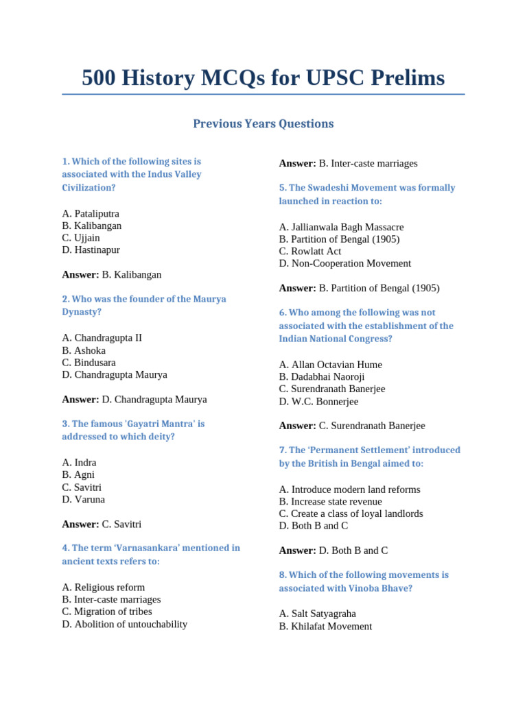 UPSC Prelims: 500 History MCQs | PDF | British Raj | Indian ...