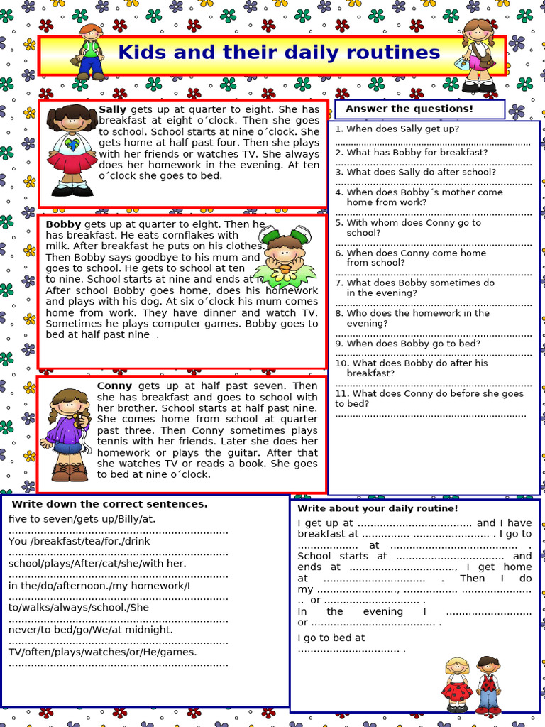 Kids and Their Daily Routines Key Reading Comprehension Exercises ...