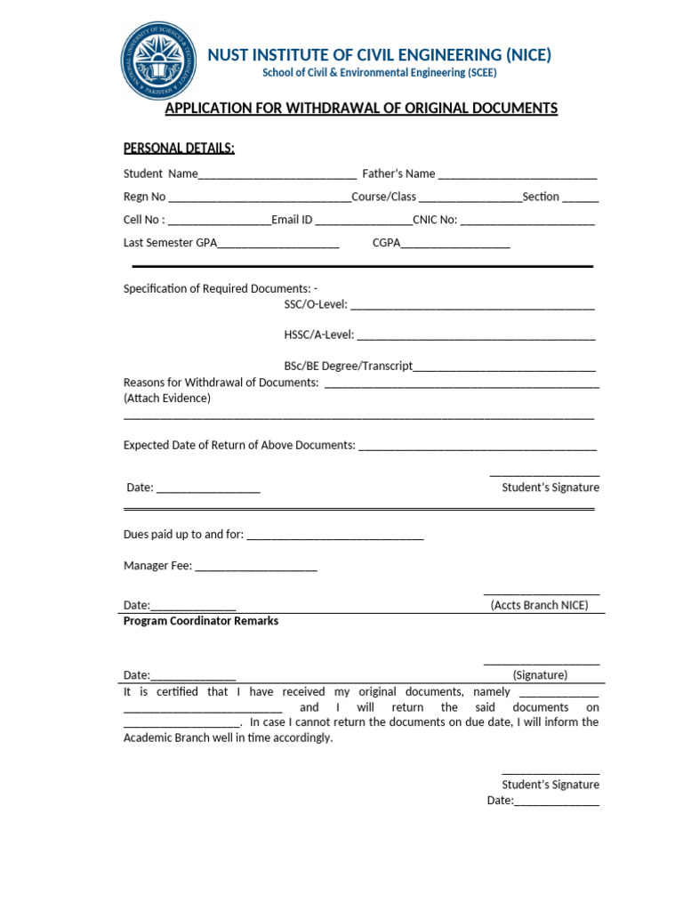 Application for Document Withdrawal | PDF