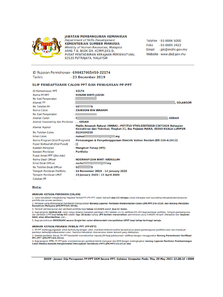 Lampiran 6 - Contoh Slip Pendaftaran Calon PPT Dan Penugasan PP | PDF
