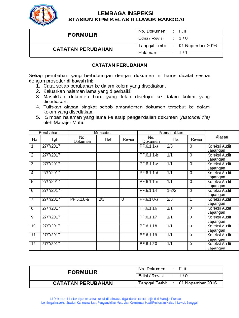 Catatan Perubahan Dokumen KIPM Luwuk | PDF