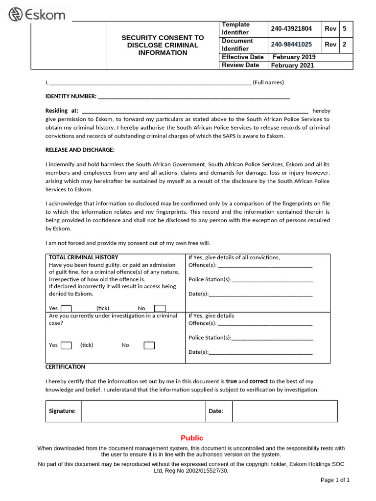 Security Consent To Disclose Criminal Info | PDF | Criminal Record ...