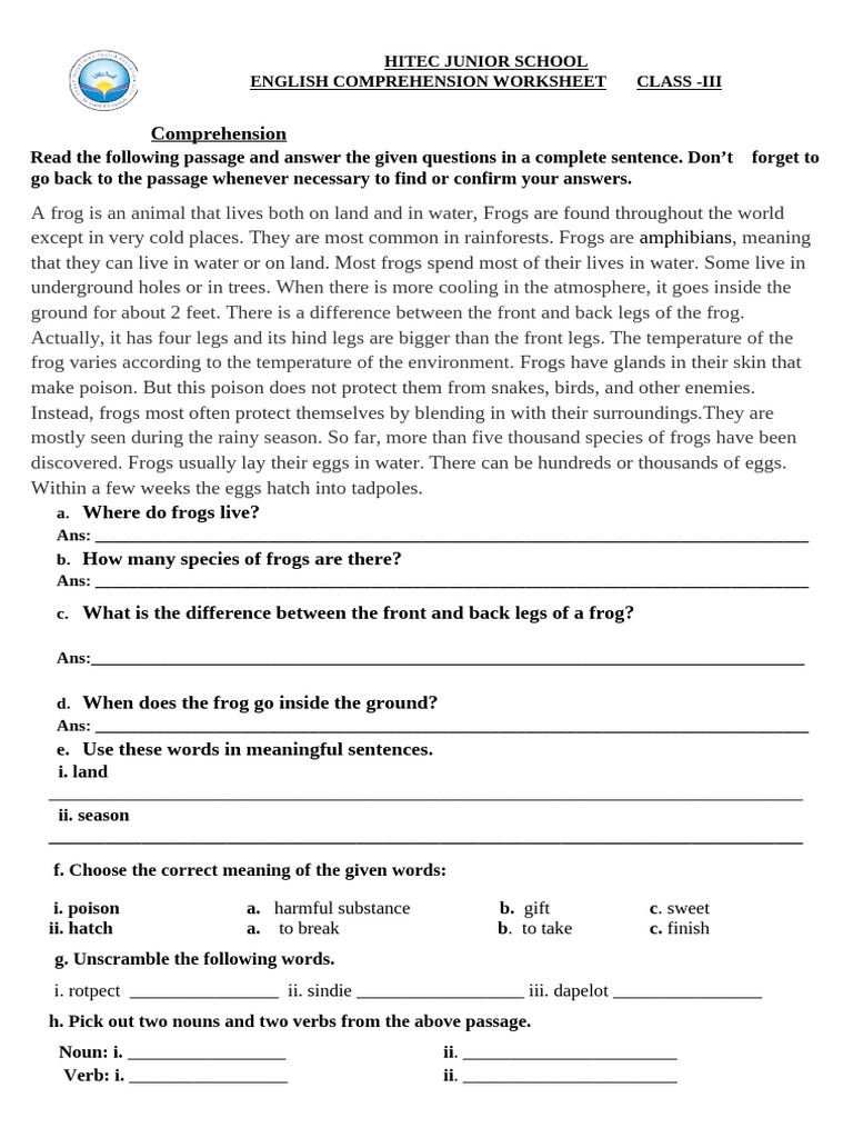 Class 3 English Comprehension Worksheets | PDF | Frog | Bears