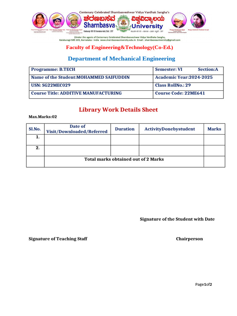 B.Tech Additive Manufacturing Library Work | PDF