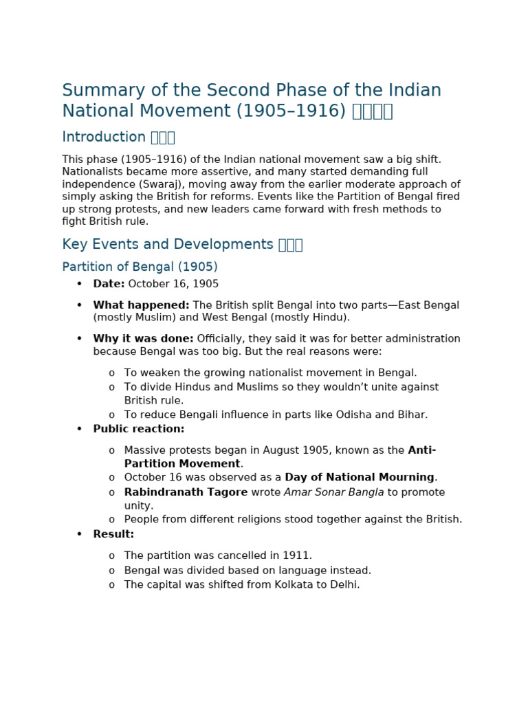 Partition of Bengal & Second Phase Notes | PDF | British Raj ...