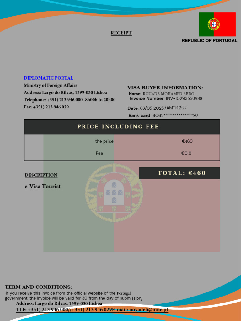 Portugal Visa Invoice Details | PDF