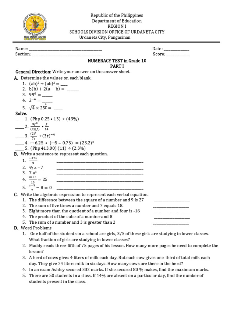 Pre Assessment Numeracy 10 Pdf Mathematics