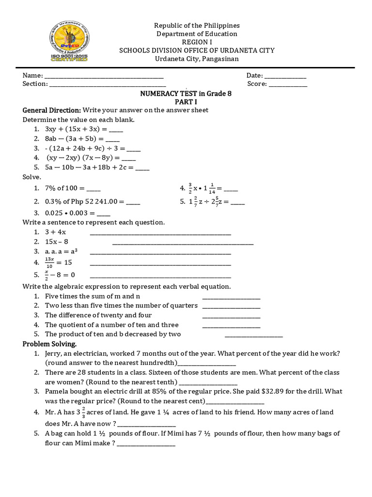 Grade 8 Numeracy Test Questions | PDF | Mathematics | Elementary ...