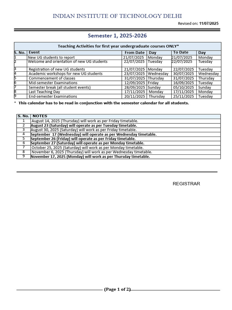 IIT Delhi 2025-2026 UG Semester Schedule | PDF