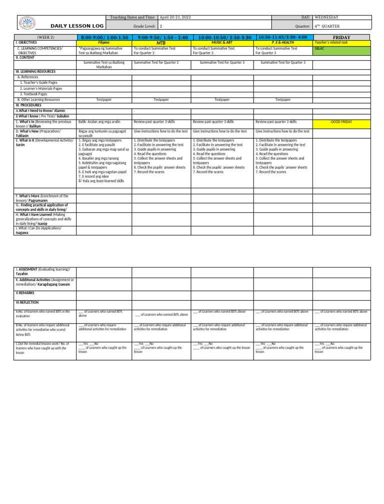 2nd Grade Daily Lesson Log: Summative Tests | PDF | Learning | Behavior ...