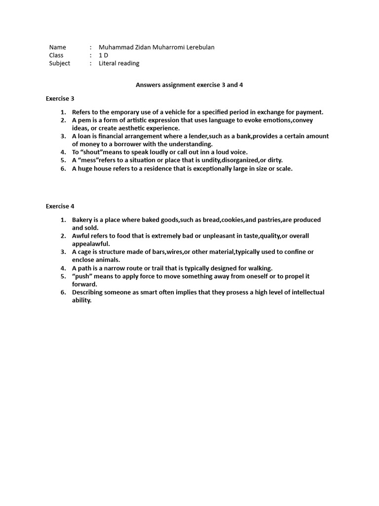 Literal Reading Assignment Answers | PDF