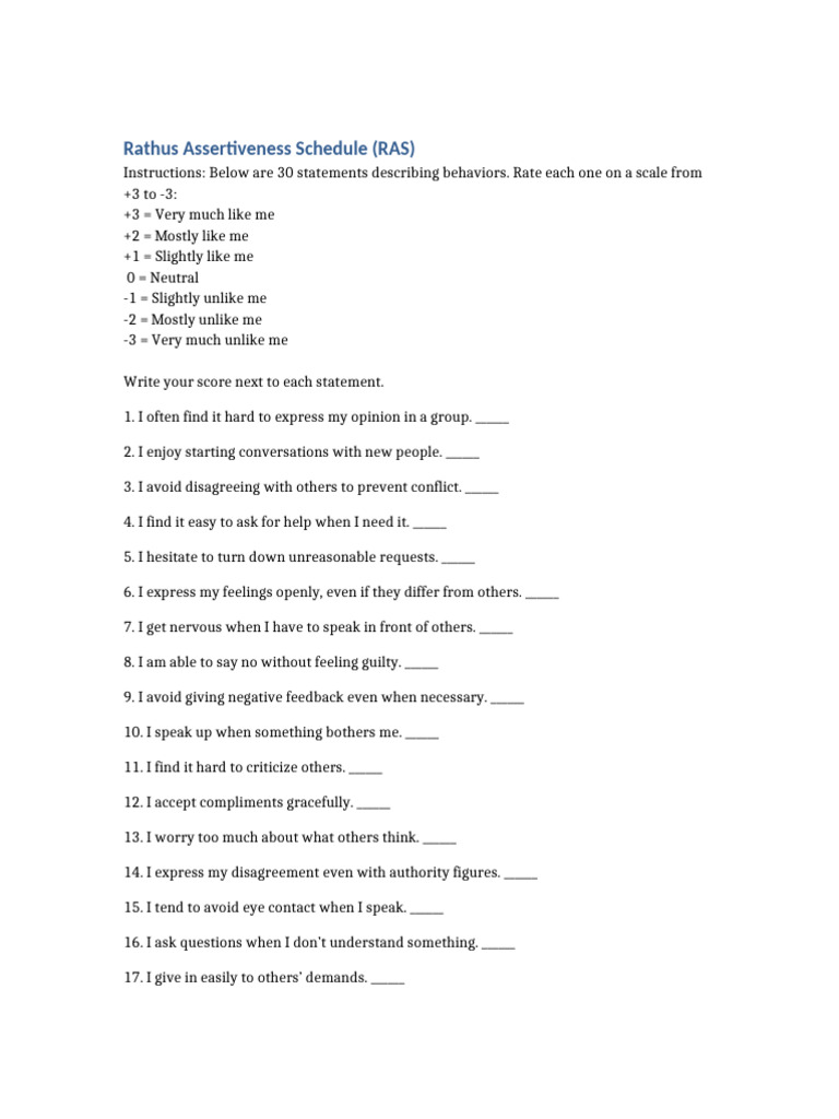 Rathus Assertiveness Schedule (RAS) Guide | PDF