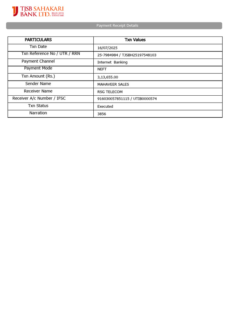 Payment Receipt for NEFT Transaction | PDF