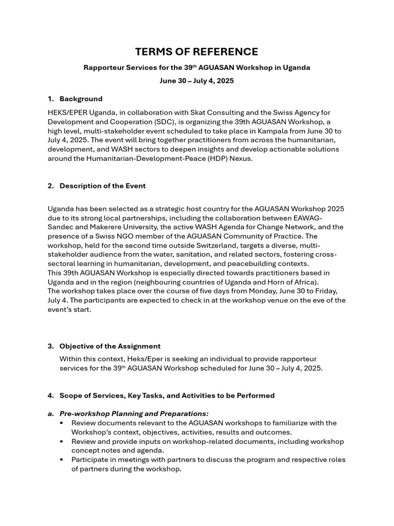 Final TOR - Rapporteur Services - AGUASAN Workshop (1) - 1 | PDF