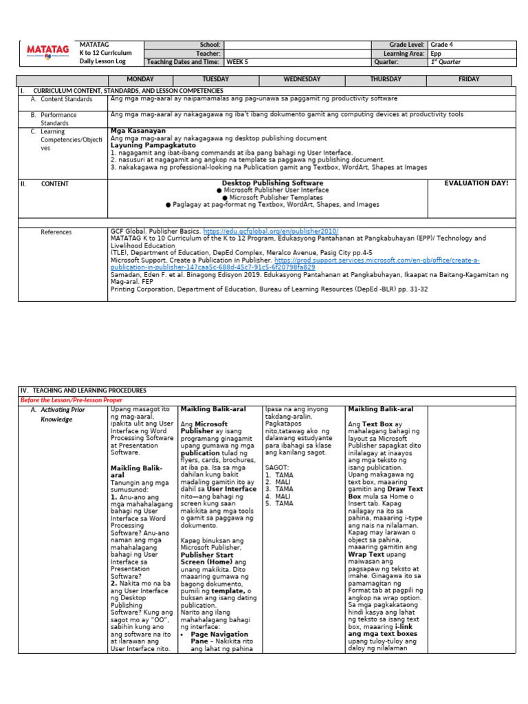 DLL - Epp 4 Q1 - W5 | PDF