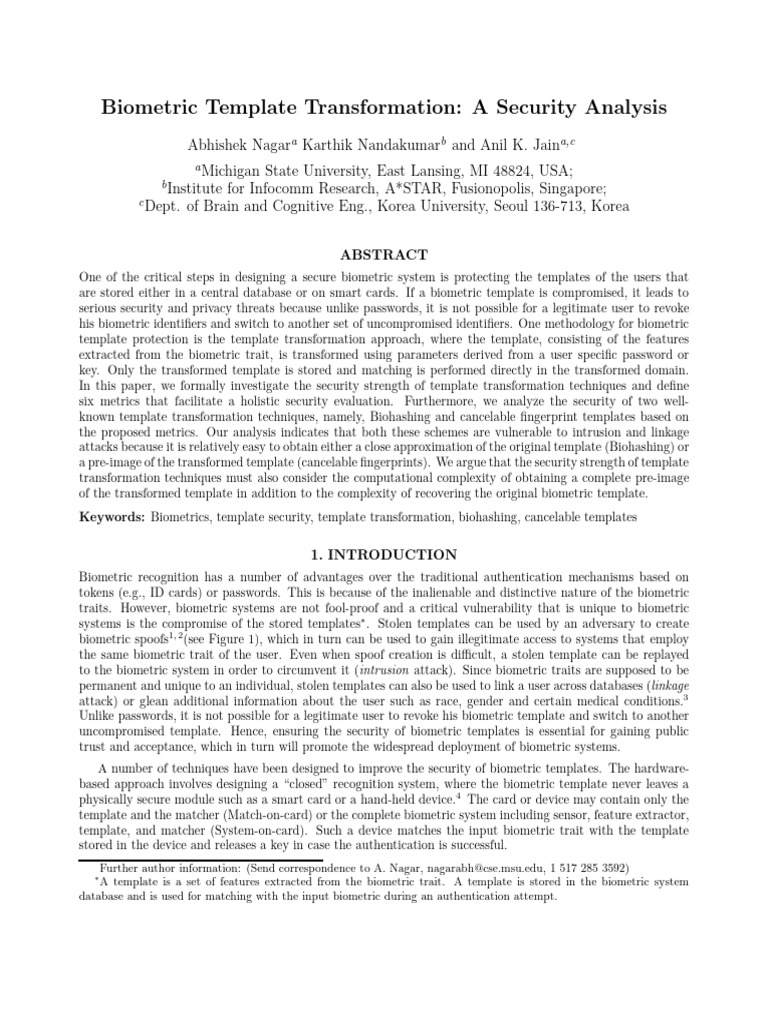 Security Analysis of Biometric Template Transformation | PDF ...
