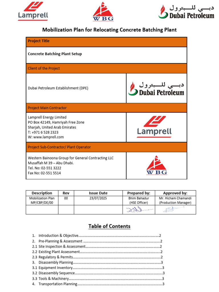 Wbg-Mobilization Plan of Concrete Batching Plant | PDF | Transport | Safety