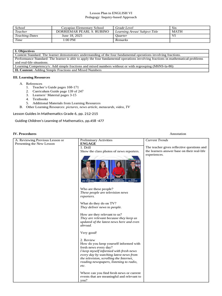 Inquiry-Based Math Lesson Plan VI | PDF | Lesson Plan | Inquiry Based ...