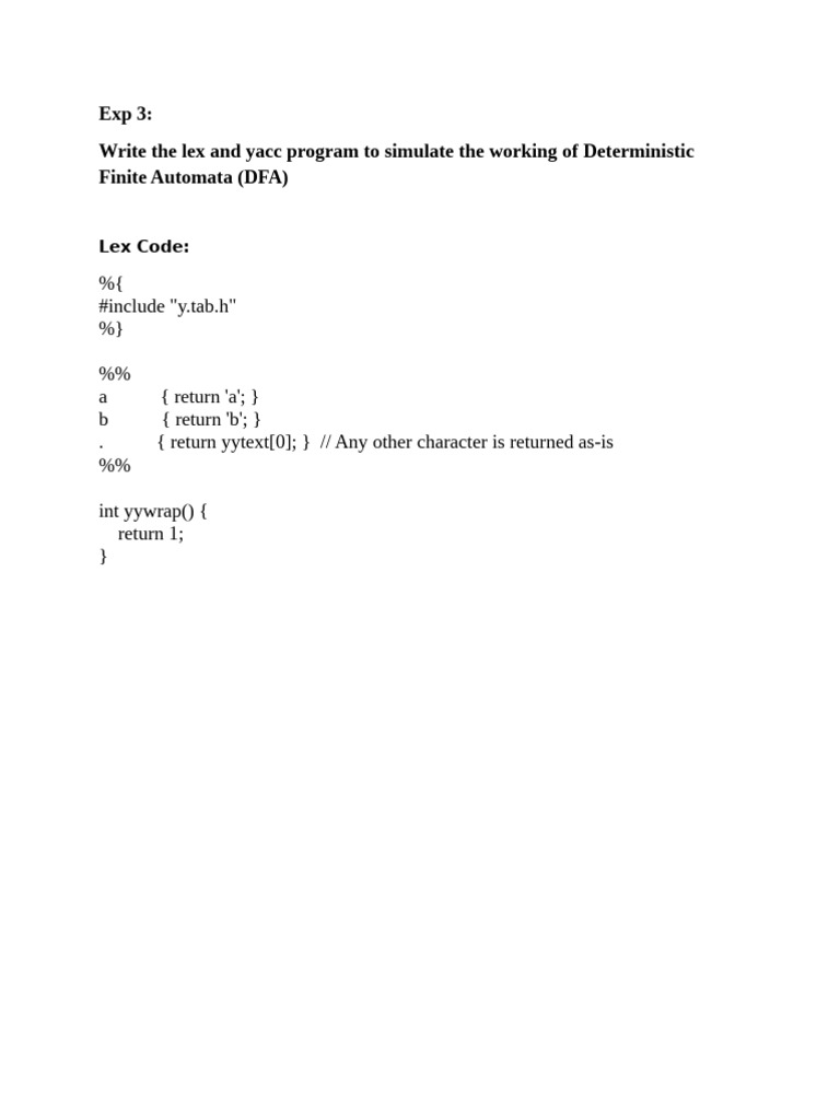 DFA Simulation with Lex and Yacc Code | PDF