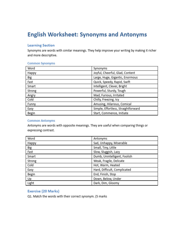 Synonyms and Antonyms Worksheet | PDF
