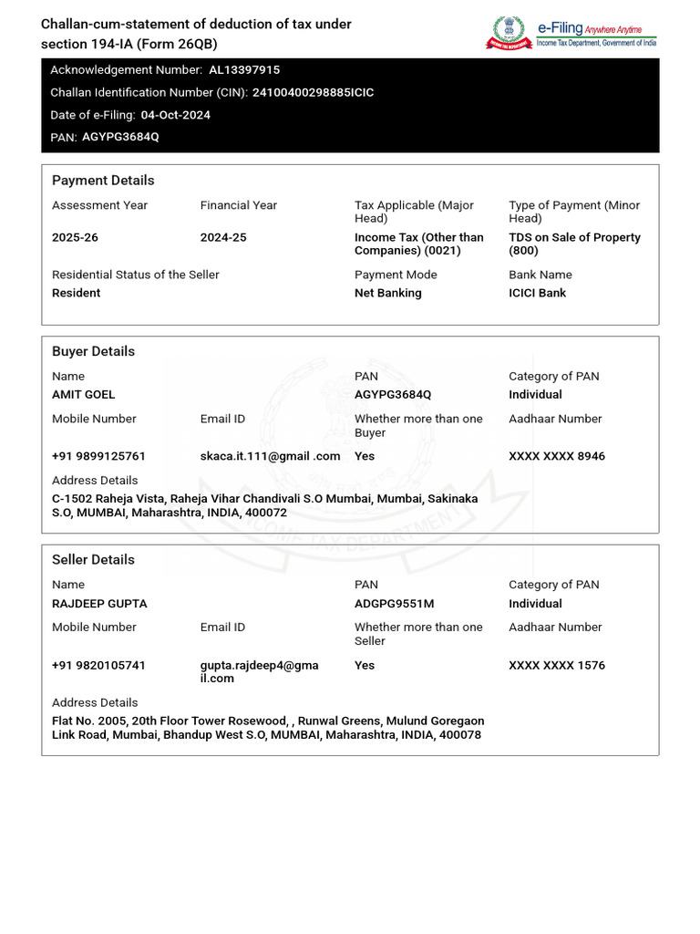 TDS Payment Acknowledgment Form 26QB | PDF | Taxes | Payments