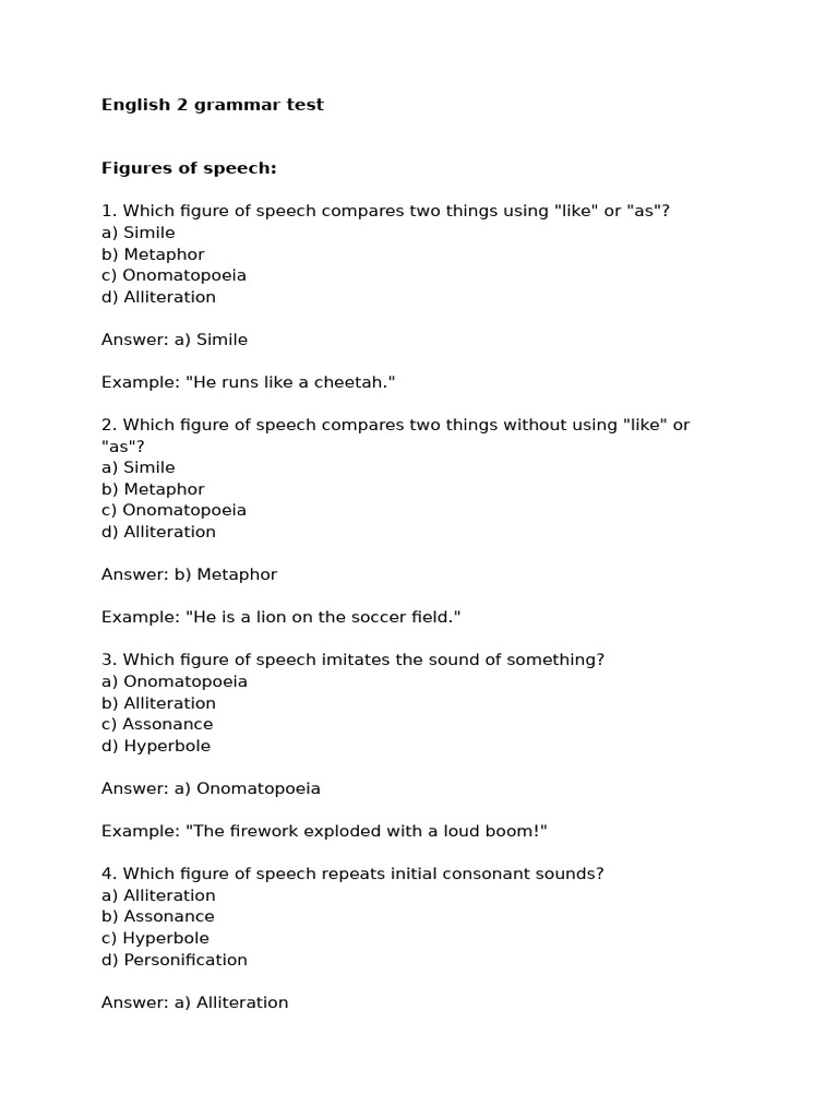 English Grammar Test: Figures of Speech | PDF | Linguistic Typology ...