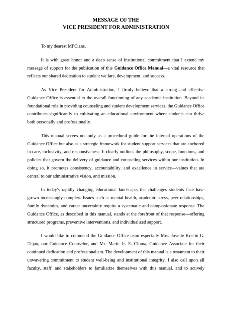 Message of The Vpa Guidance Manual | PDF