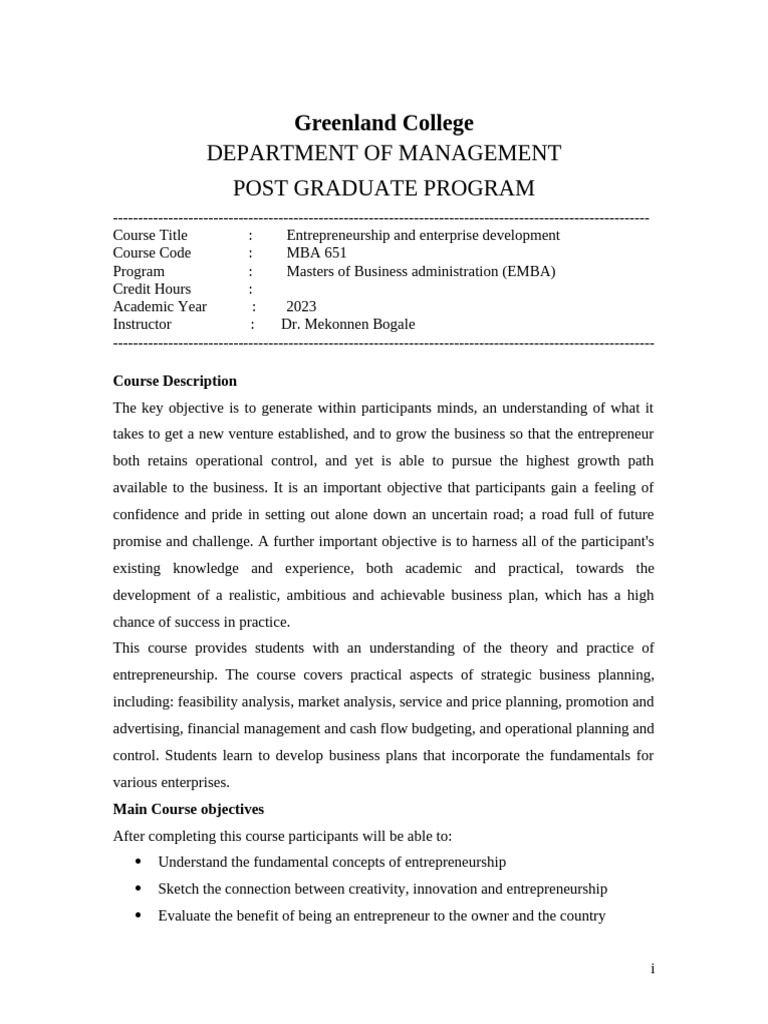 Entrepreneurship Course Outline | PDF | Entrepreneurship | Master Of ...