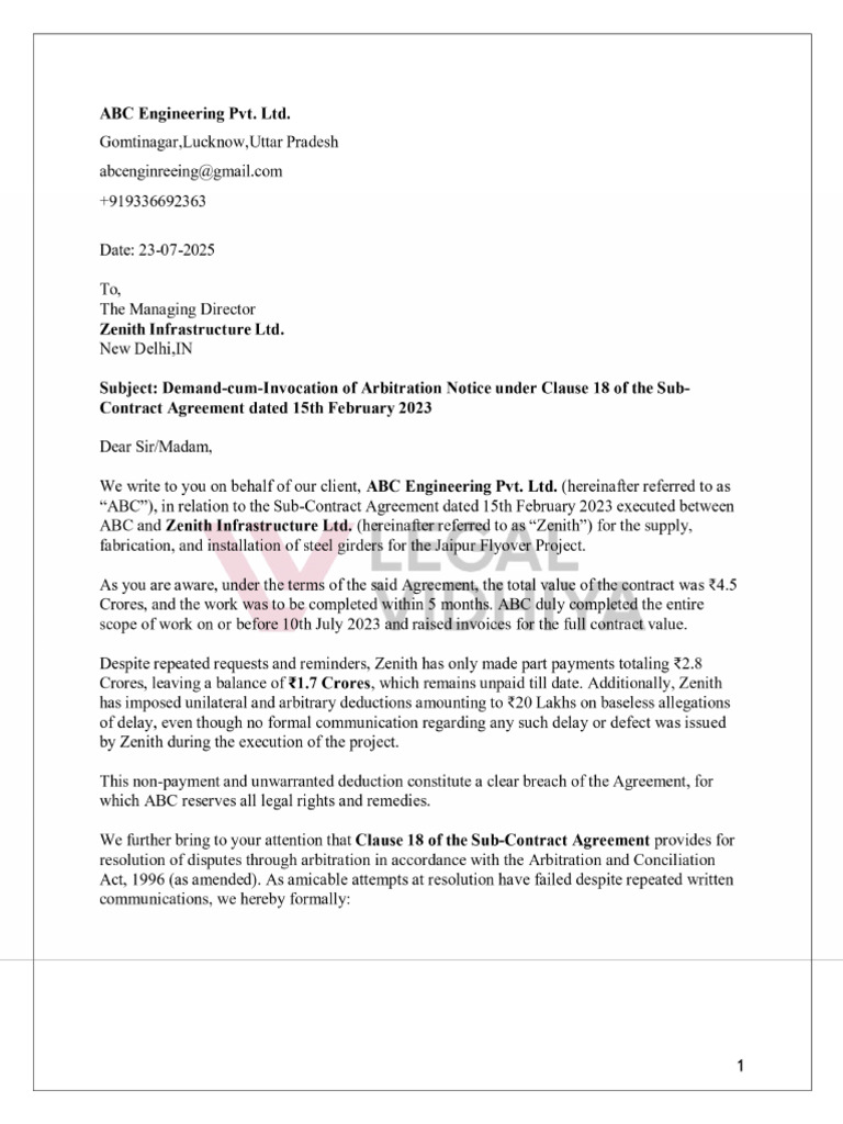 Arbitration Agreement Invocation Letter | PDF