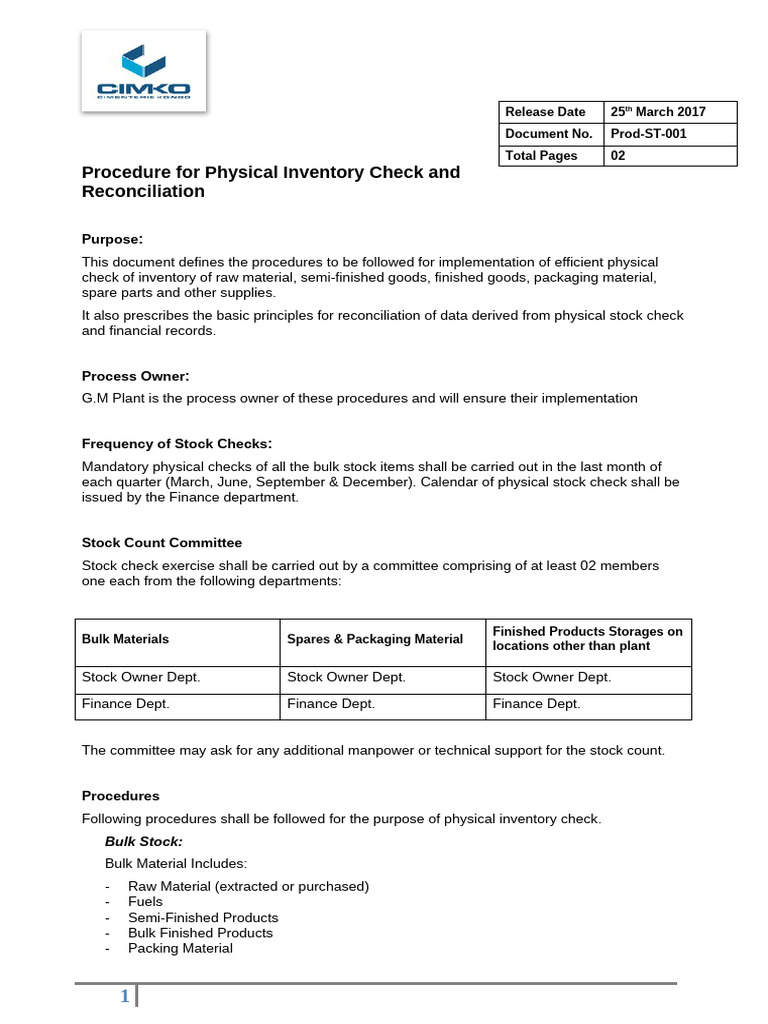 001 - Procedure For Physical Inventory Check and Reconciliation | PDF ...