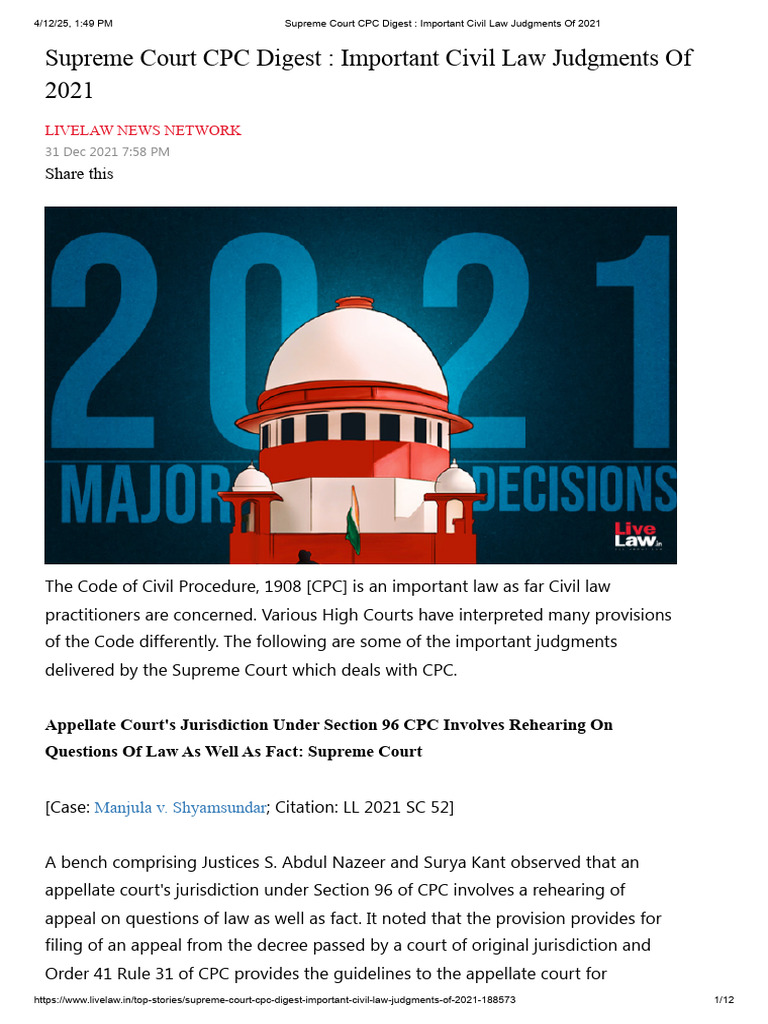 Supreme Court CPC Digest - Important Civil Law Judgments of 2021 | PDF ...