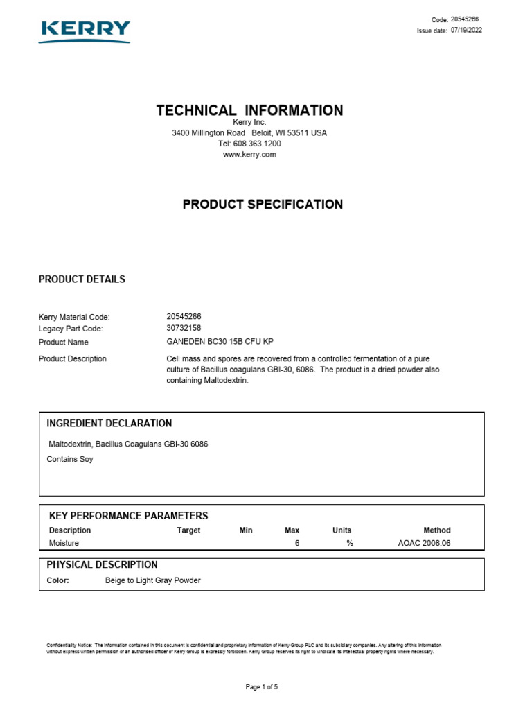 Ganeden BC30 Product Specification | PDF