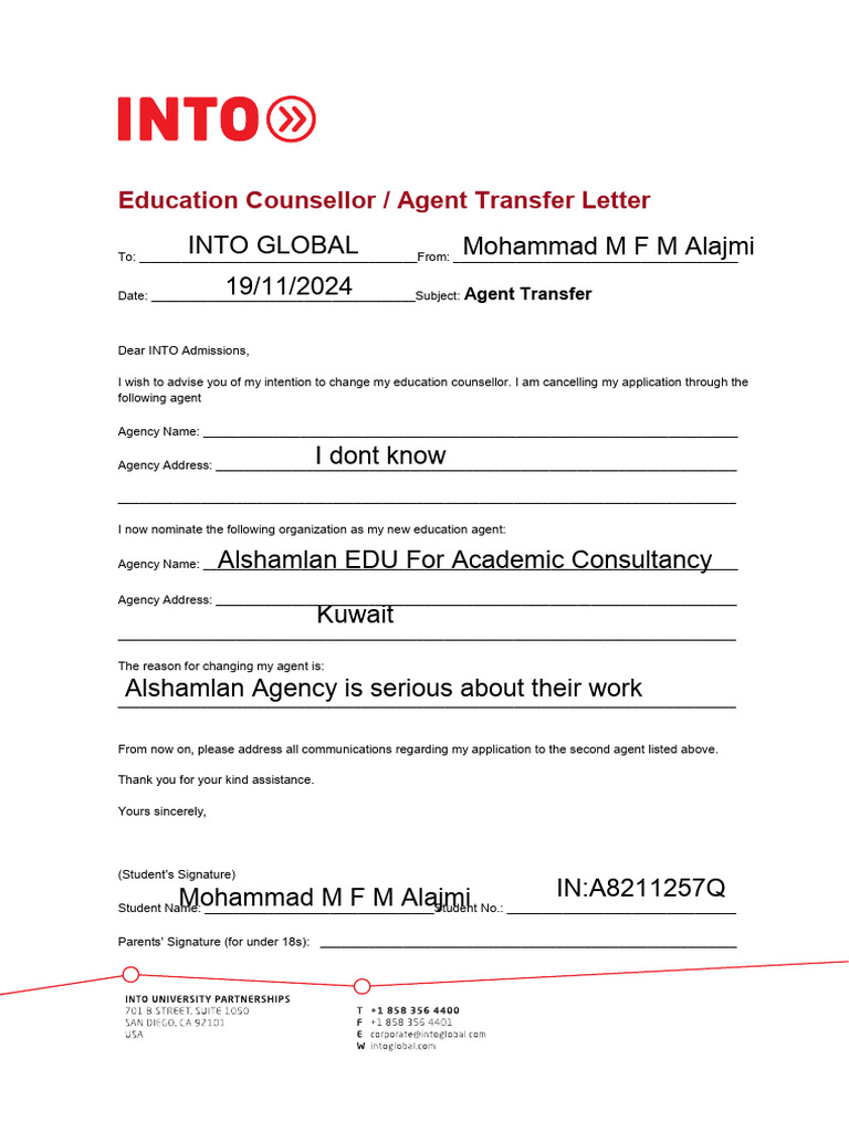 INTO Agent Change Form | PDF