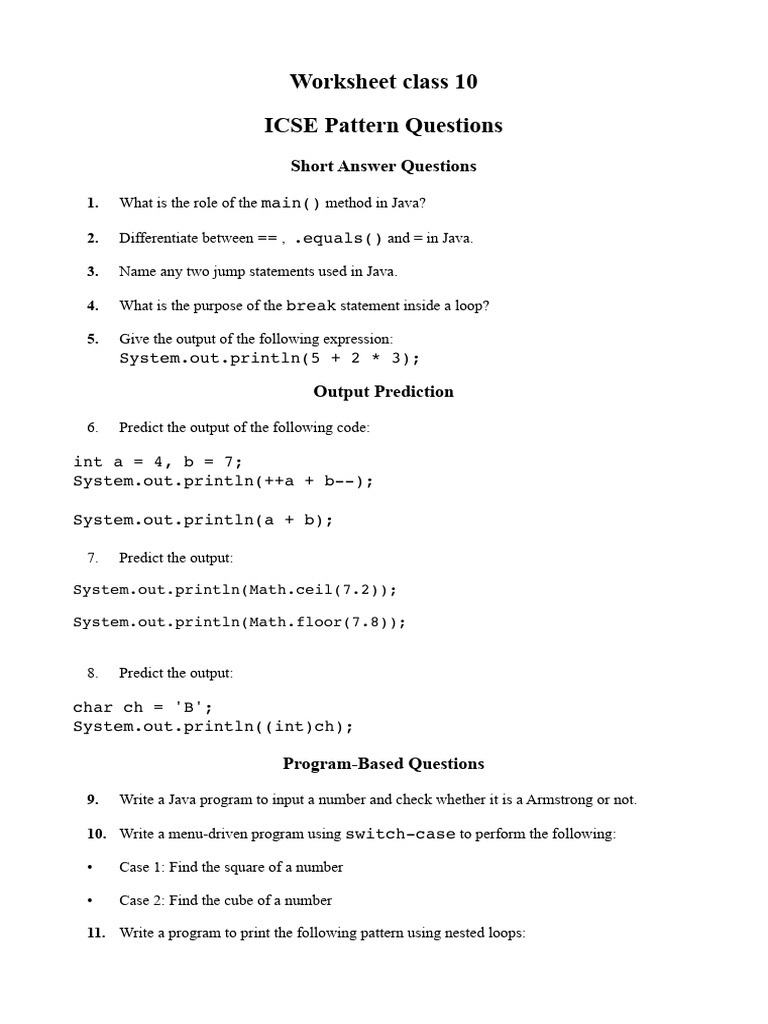 ICSE Class 10 Java Worksheet Questions | PDF