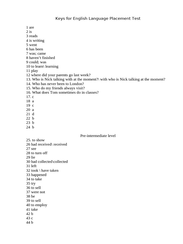 English Language Placement Test Keys | PDF
