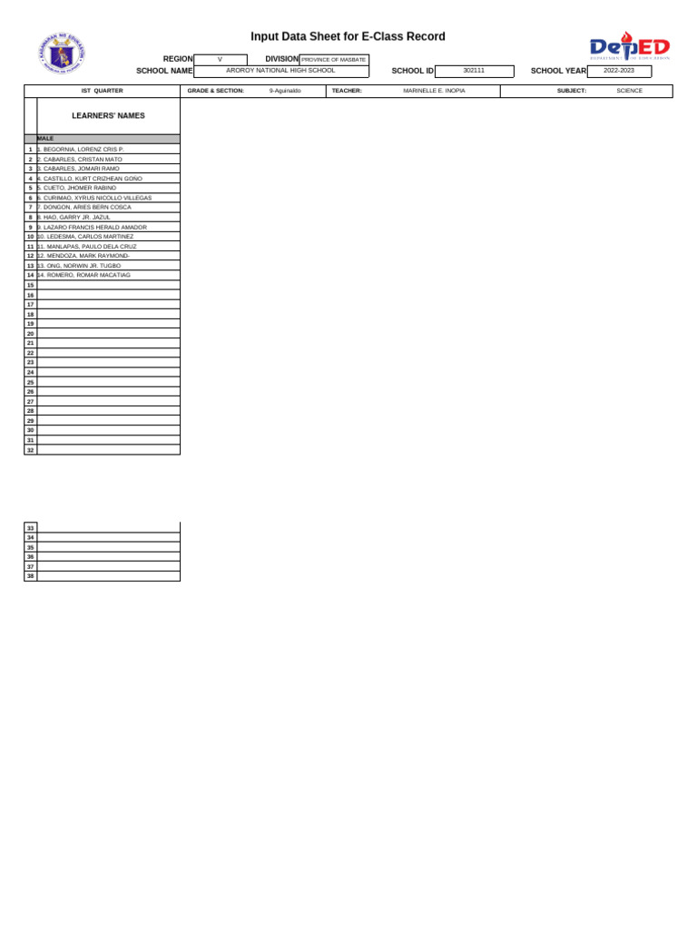 E-CLASS 9 Aguinaldo 1ST Q | PDF | Philippines