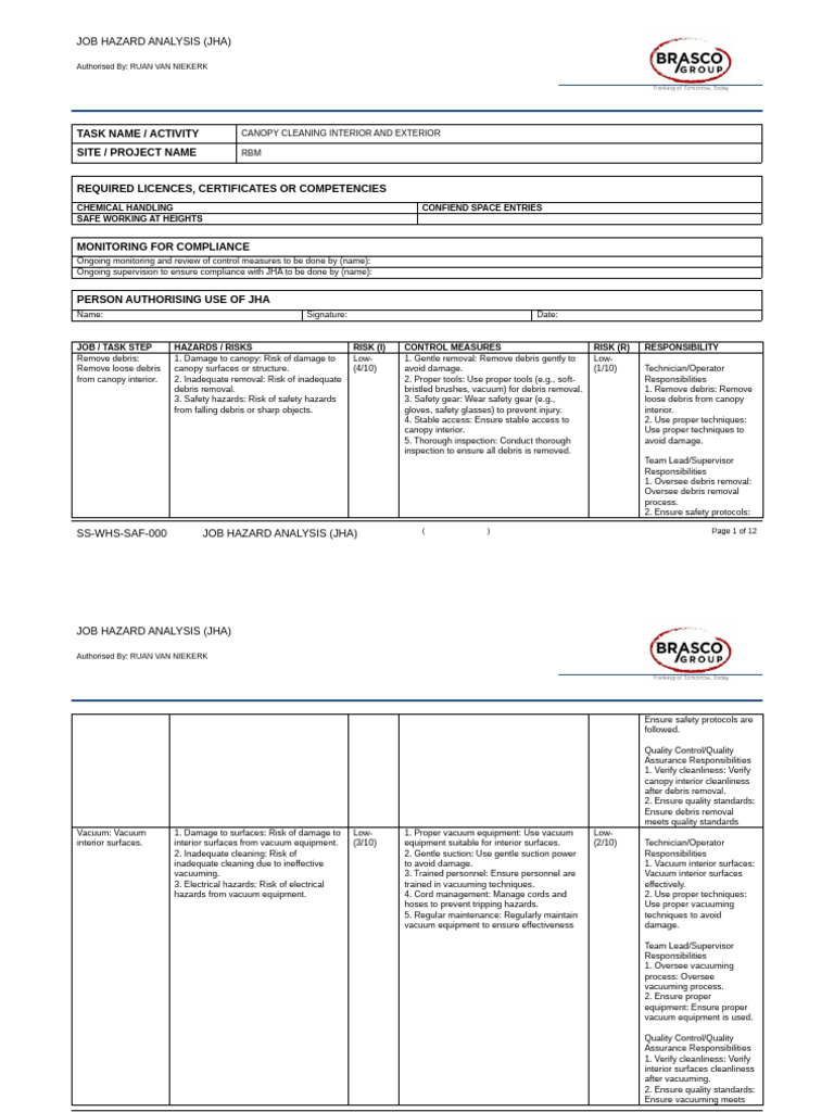 Canopy Cleaning Job Hazard Analysis | PDF | Vacuum Cleaner | Safety