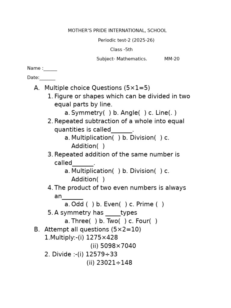 Periodic Test - 2 Class 5th Mathematics | PDF