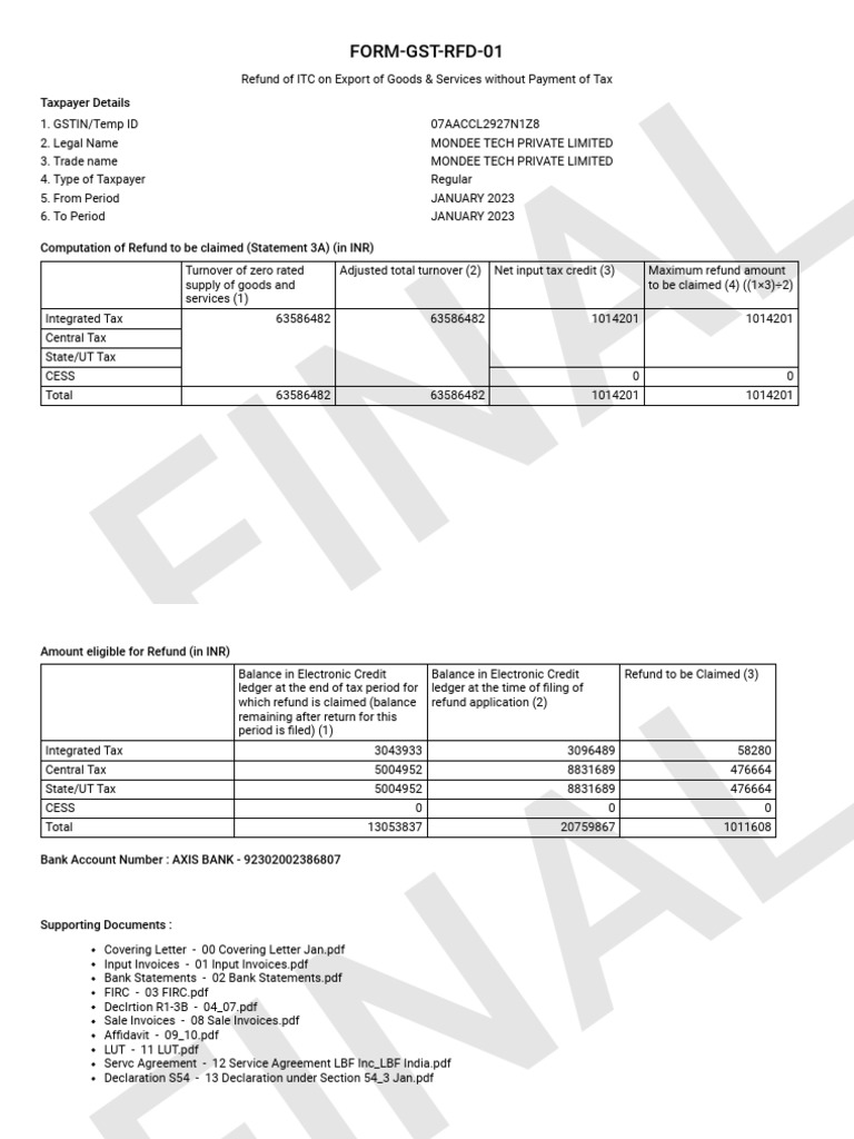 GST RFD-01 - 07AACCL2927N1Z8 - EXPWOP - 202301 - Form | PDF | Taxes ...