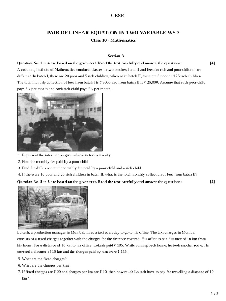 Class 10 Linear Equations Worksheet | PDF | Angle | Mathematics