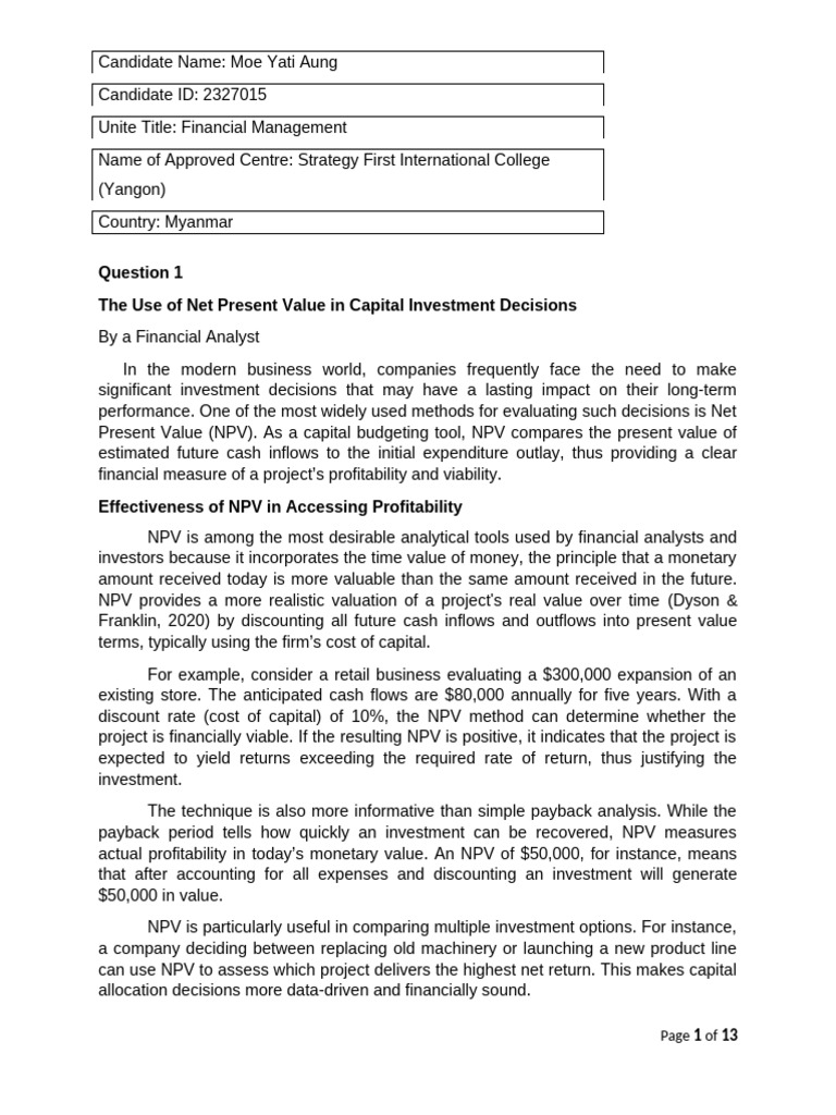 Net Present Value in Capital Investment | PDF | Net Present Value ...
