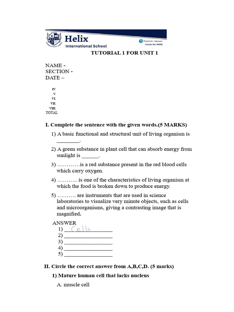 Tutorial 1 For Unit 1 2 | PDF | Cell (Biology) | Photosynthesis