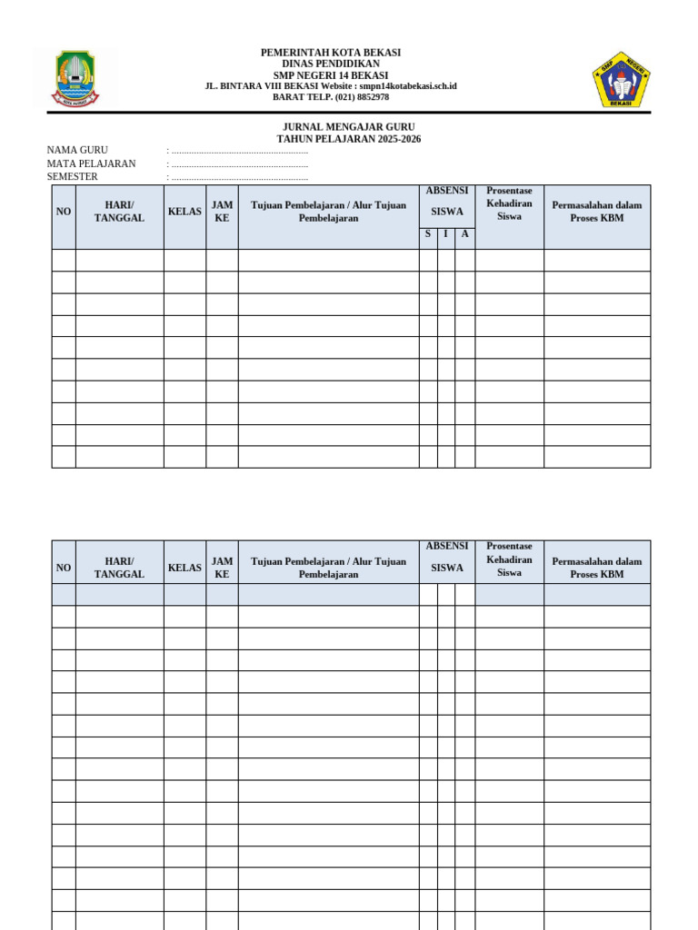 Jurnal Mengajar Guru SMP 2025-2026 | PDF