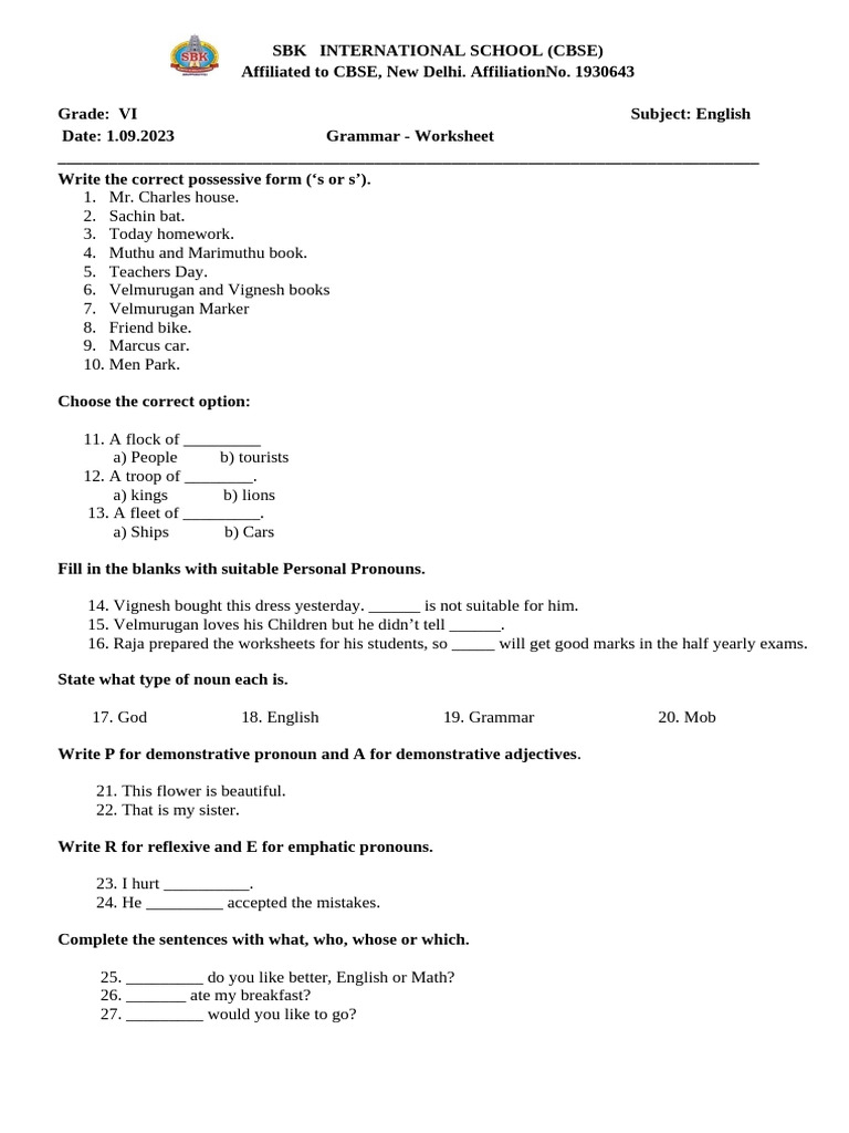 grade 6 5nd woeksheet | PDF | Verb | Grammar