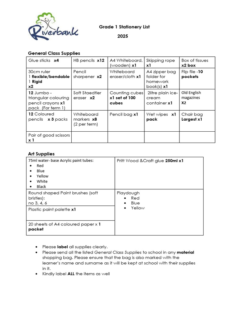 Grade 1 Stationery List 2025 | PDF | Pencil | Stationery