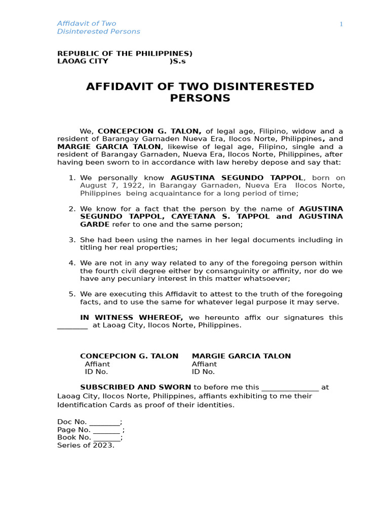Affidavit of Disinterested Persons | PDF